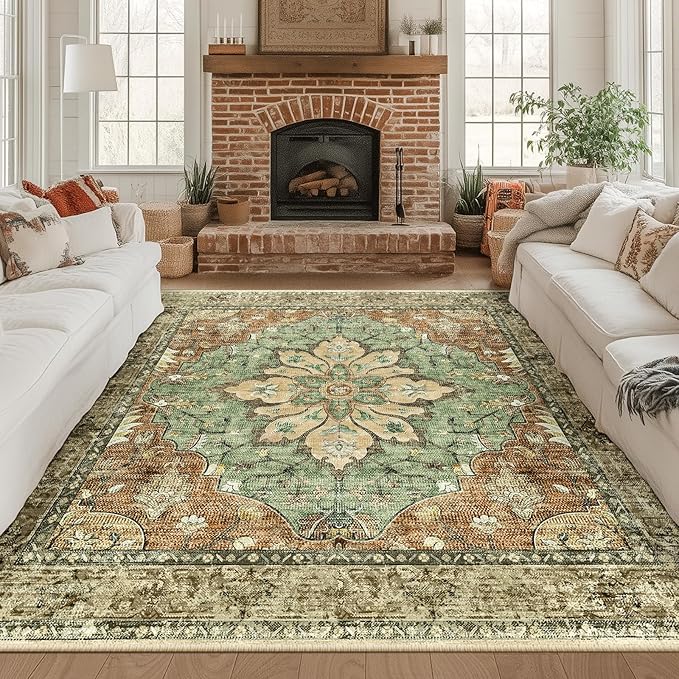 Area Rugs Square 8ft Washable Non-Slip, Floral Vintage Distress Print Pattern by RELEANY