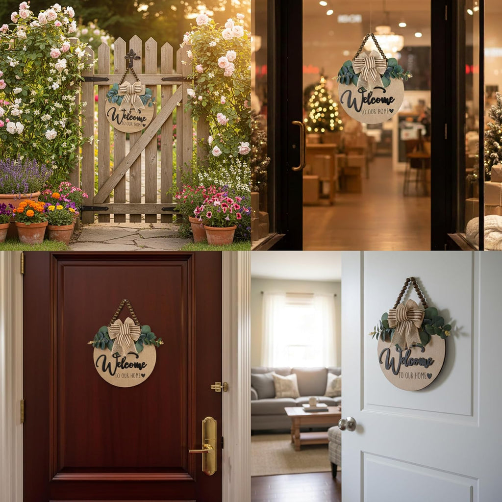 Condorpasea 3D Welcome Sign for Front Door | Home/Farmhouse Porch Décor Wooden Hanging Sign with Artificial Leaves and Rustic Beads | Christmas Classroom |12" Round