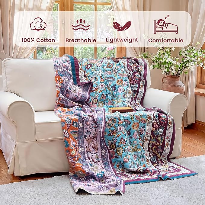 MSGKV Boho Throw Blanket for Couch 50"x60" 100% Cotton Sofa Floral Bird Blanket - Image 2
