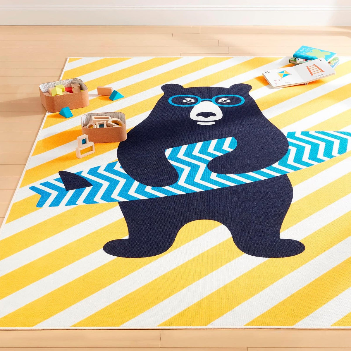 Home Dynamix Everwash Imagine Surfer Bear Kids Machine Washable Area Rug, Gold/Blue, 3'x5'