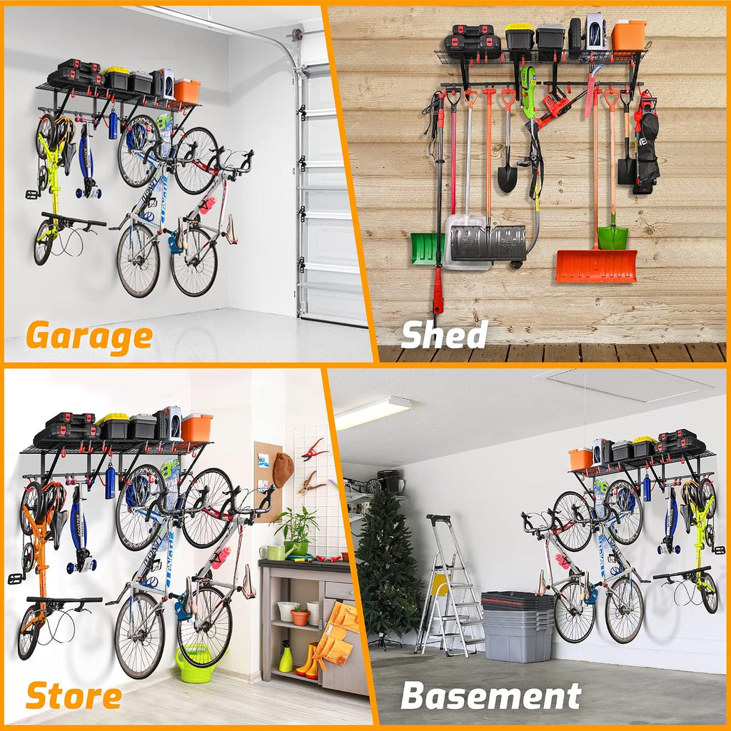 PLKOW Garage Wall Shelving with Bike Hooks, Adjustable Storage Rack