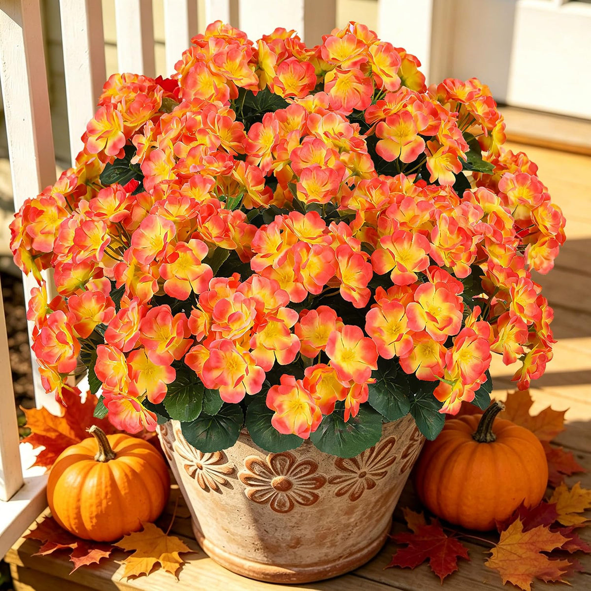 Artificial Fall Flowers for Outdoors, 6PCS Silk Geraniums, Sunset
