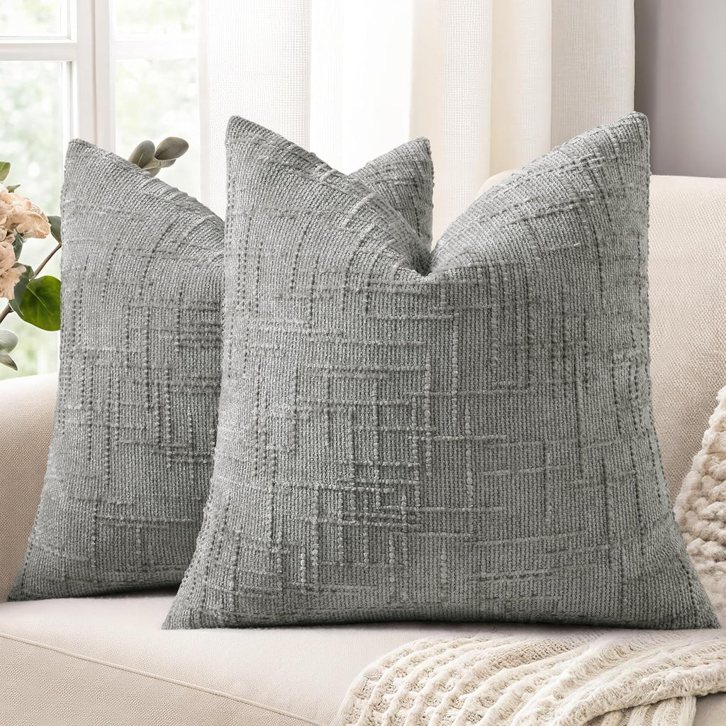 decorUhome Textured Chenille Throw Pillow Covers 18x18 Set of 2 Grey
