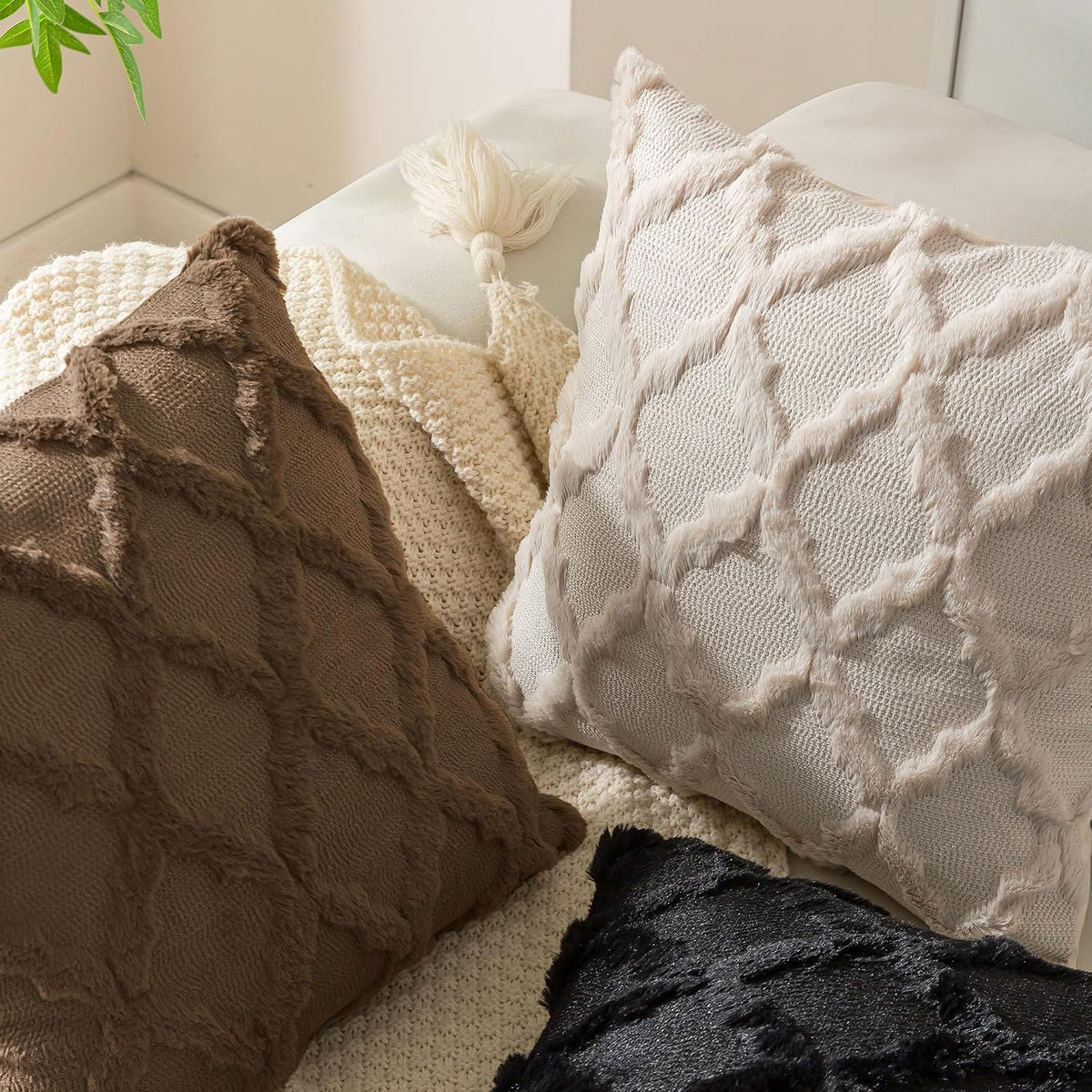 Set of 2 Soft Moroccan Throw Pillow Covers 18x18 Inch Plush Boho Decorative Pillow Cover Accent Cushion Case for Couch Sofa Bed, Deep Brown