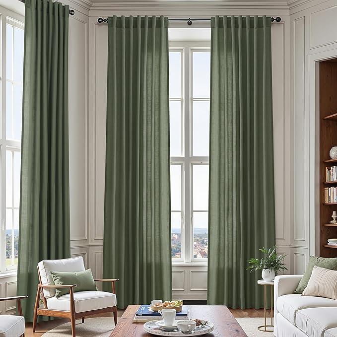 Nanspring Olive Green Linen Blend Semi Sheer Curtains 108 Inches Long x 60 - Image 7