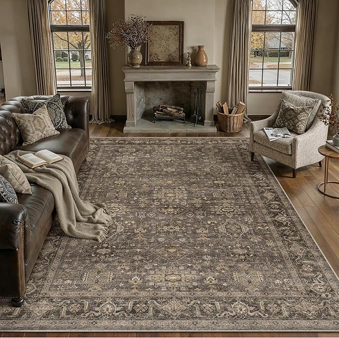 8x10 Washable Area Rug for Living Room Bedroom Vintage Brown Non Slip Carpet by WondRg