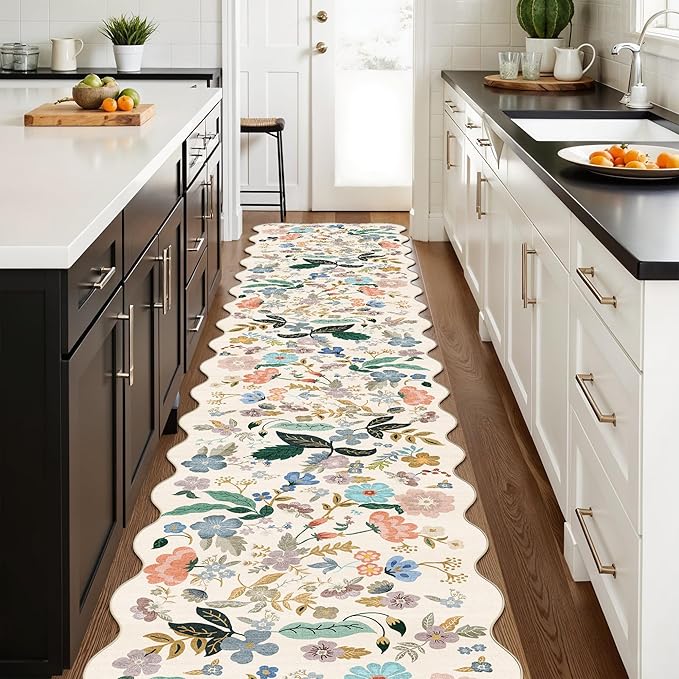 Hallway Floral 2'6x14 Runner Rugs: Washable Scalloped Soft Carpet - Image 3