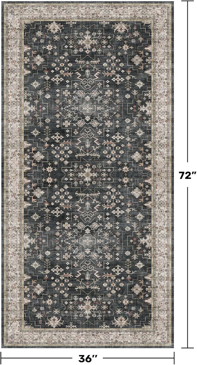 Black Boho Washable 3x6 Large Kitchen Runner Rug, Indoor Entryway Home Office - Image 2