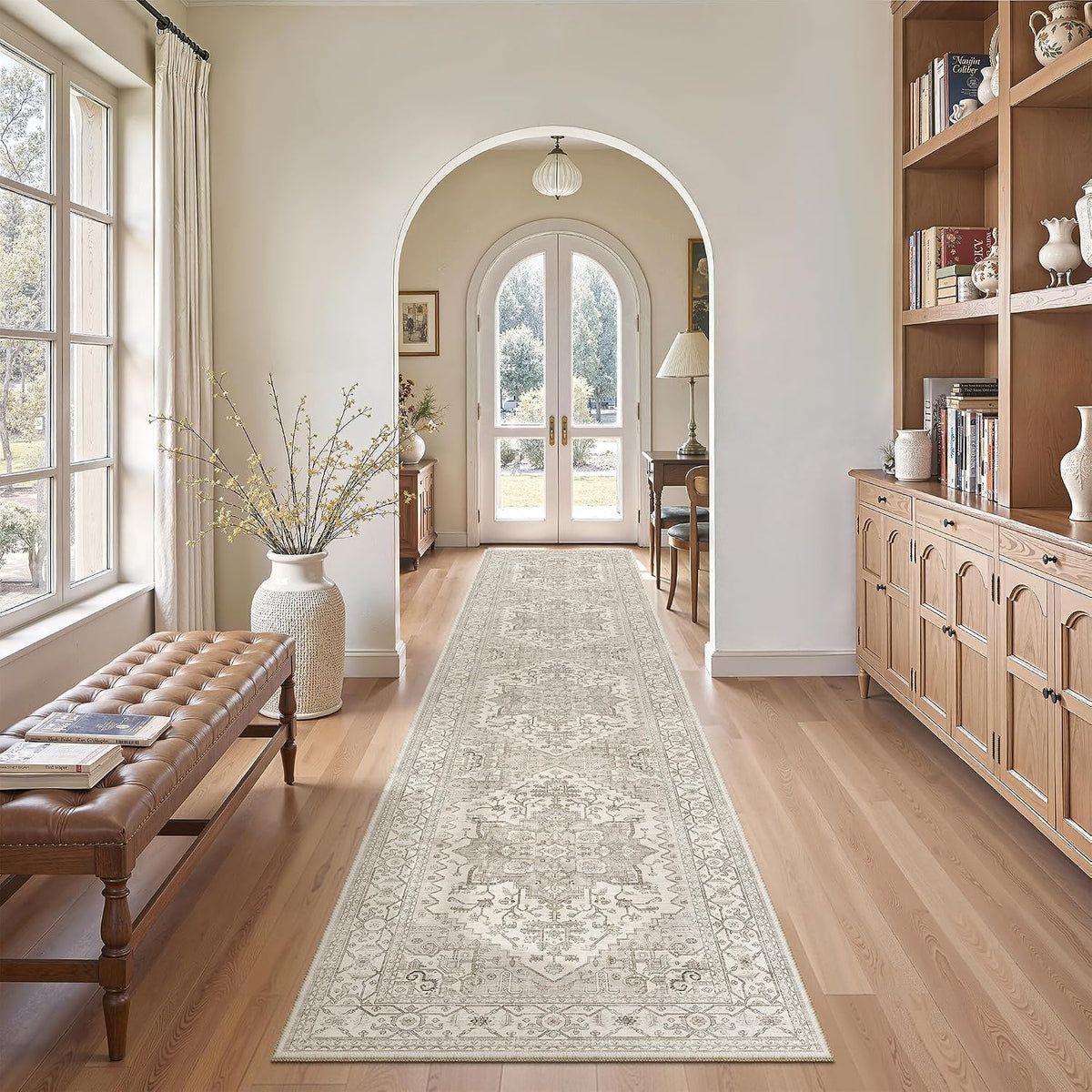 Madane Washable Runner Rugs 2x10 Long for Hallway Kitchen, Beige/Brown