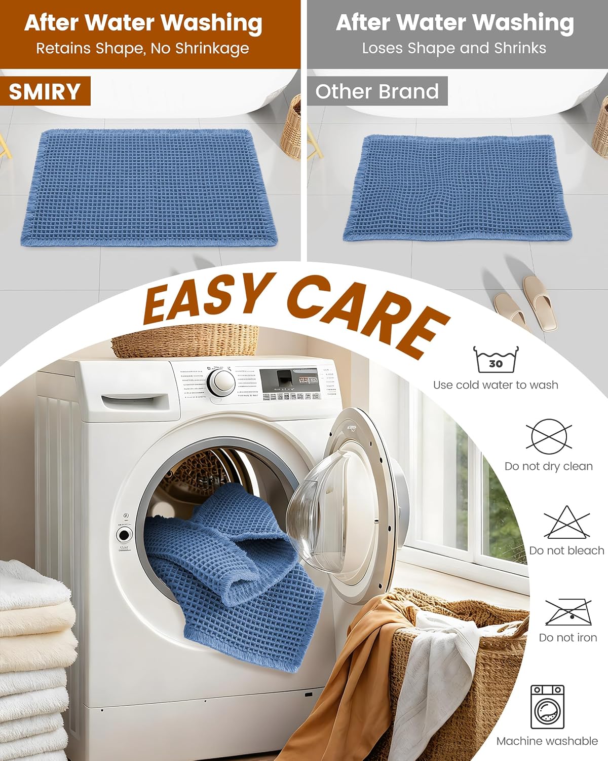 Smiry Waffle Bathroom Rugs Sets 2 Piece (30x20+24x16, Blue)