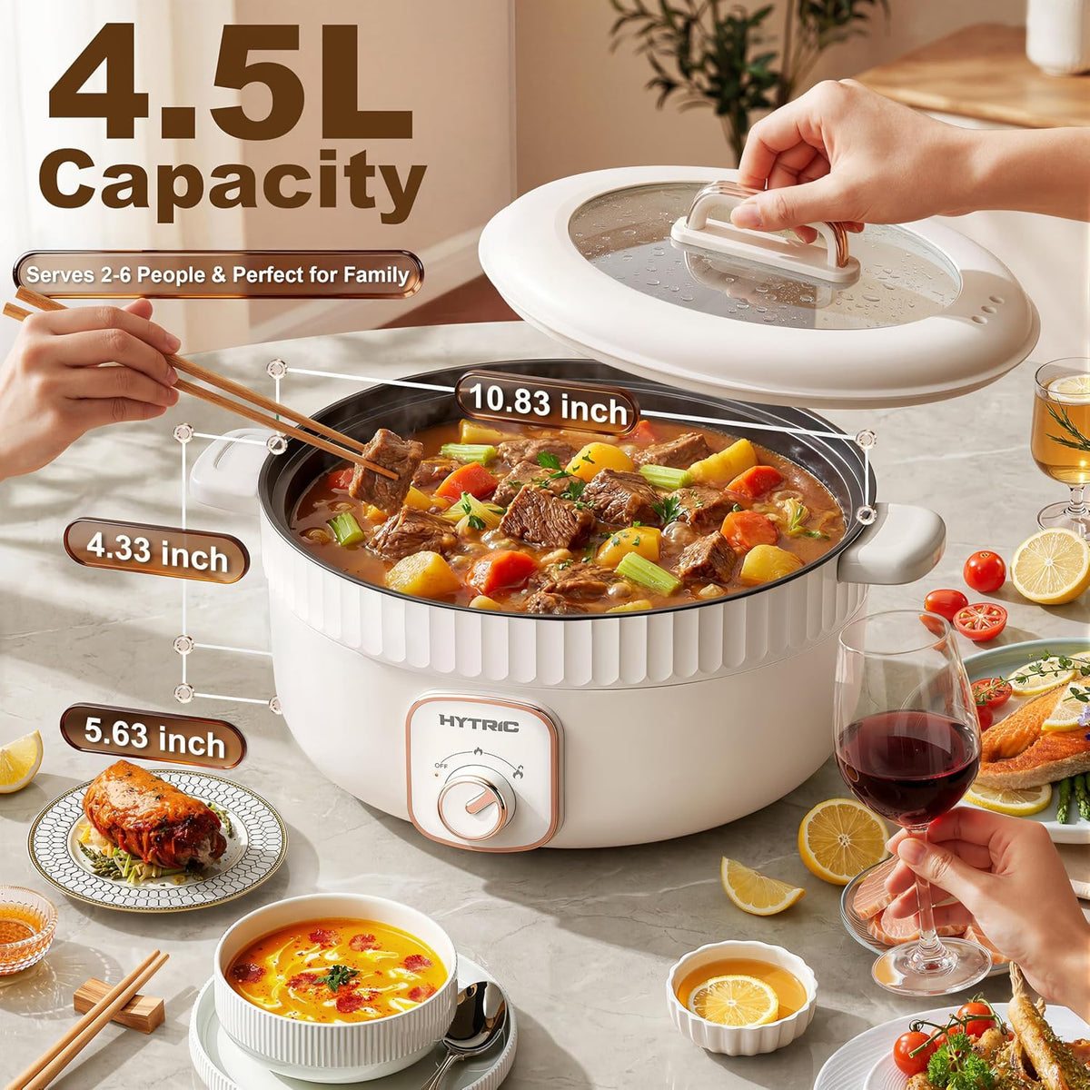 HYTRIC 4.5L Electric Pot, 1200W Non-Stick Hot Pot Electric with Dual Power
