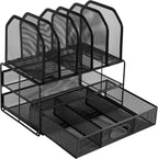 Amazon Basics Mesh Desk Organizer with Sliding Drawer, Double Tray and 5 Upright Sections, File Holder for Office Supplies, Paper Letter Tray, Black