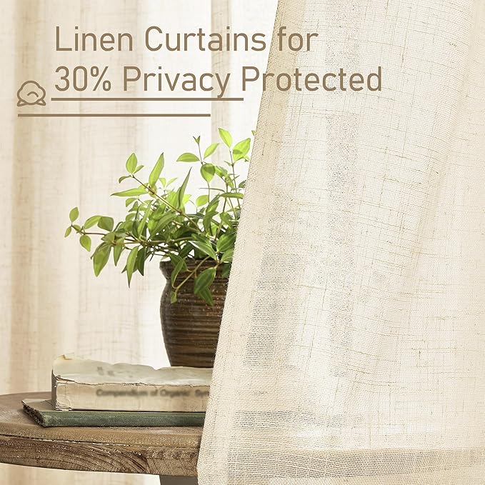 LAMIT Beige Linen Kitchen Curtains 30 Inch Length, Semi Sheer Light Filtering - Image 5