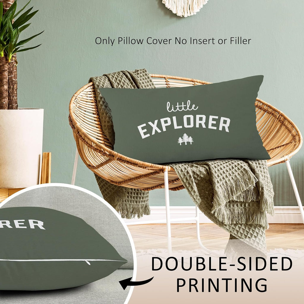 Little Explorer Throw Pillow Covers, Olive Green Themed Square Adventure Pillow Case Cover for Couch, Woodland Nursery Cushion Cover Case for Kids Room Nursery Toddler Dorm Bedroom, 12x20