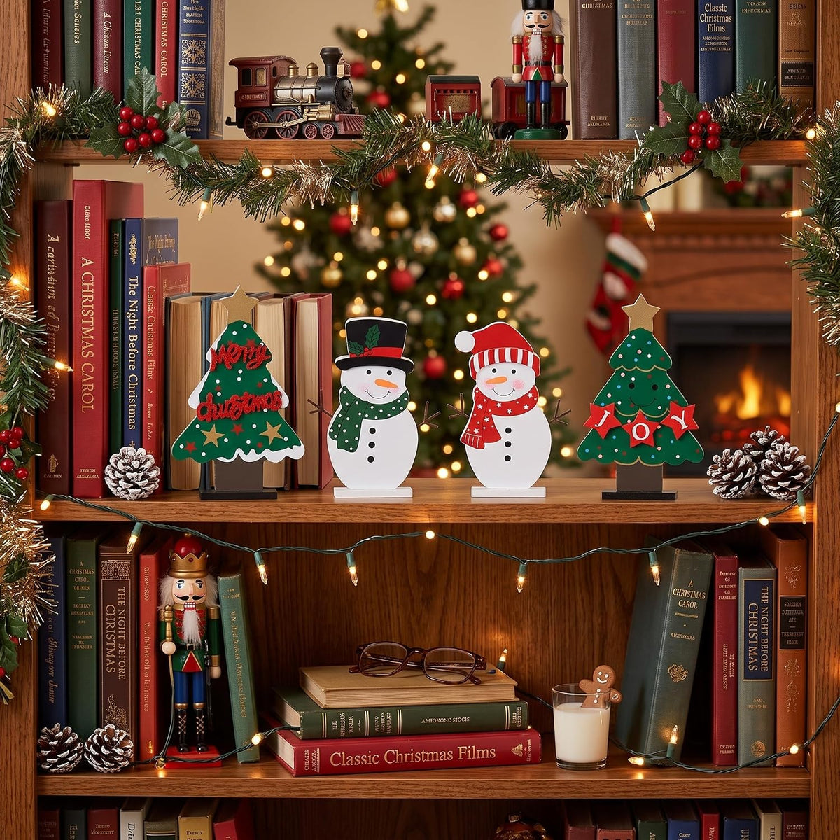 DECSPAS Christmas Decorations Indoor, 4 PCS Wood Christmas Trees & Snowmen for Centerpiece Table Decorations, Wooden Tiered Tray for Xmas Decor, Home, Winter, Tabletop, Mantel, Shelf, Gifts