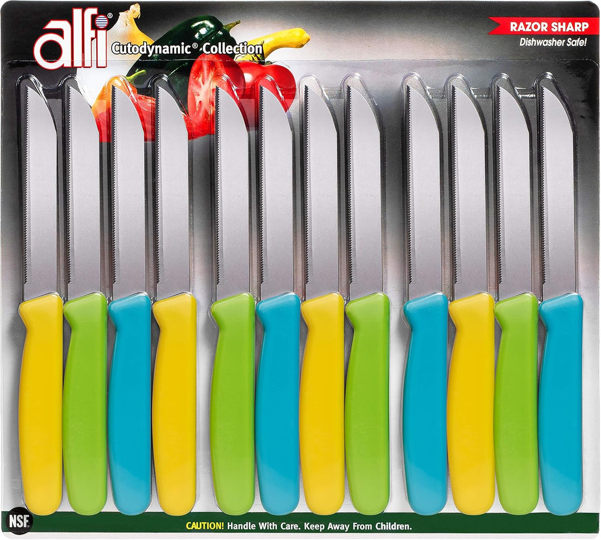 Alfi All-Purpose Knives Aerospace Precision Pointed Tip - Home And Kitchen Supplies - Serrated Steak Knives Set | Made in USA (Multi-Color, 12 pack)