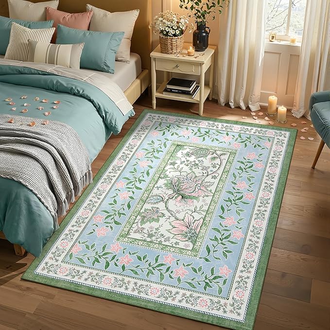GarveeHome Blue Green Pink Washable 5x7 Area Rugs, Botanical Grove Vintage - Image 2