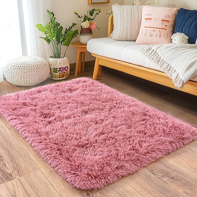 Small Blush Rugs for Bedroom, Fluffy 2x3 Rug Throw Non Slip for Bedside Dorm by Quntue