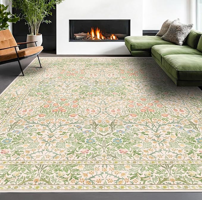 Vintage Washable Beige Green 10x14 Rug - Image 8