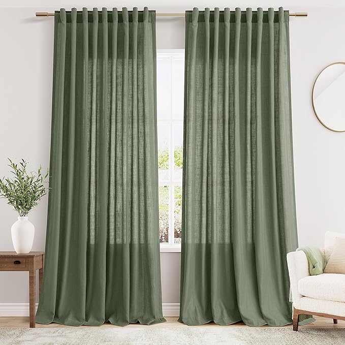 Nanspring Olive Green Linen Blend Semi Sheer Curtains 108 Inches Long by 70 by Nanspring