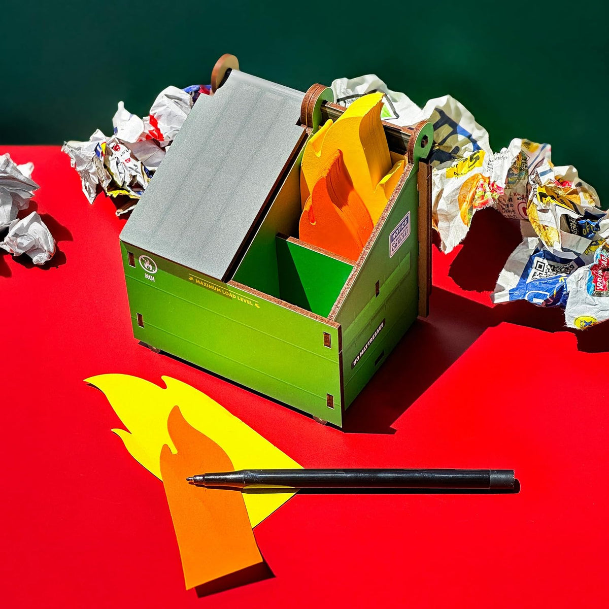 Genuine Fred The Original DESK DUMPSTER Pencil Holder with Flame Note Cards