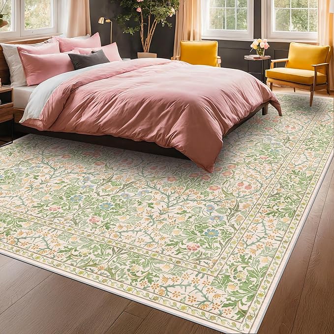 Vintage Washable Beige Green 10x14 Rug - Image 3