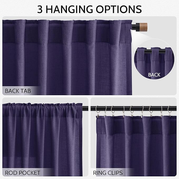 Nanspring Purple Linen Blend Light Filtering Back Tab Curtains 96 Inches Long - Image 3