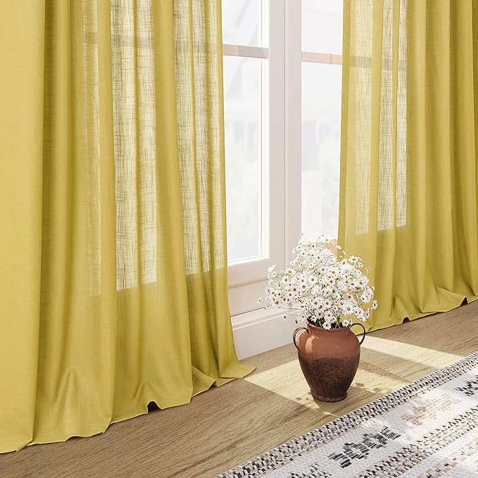 Nanspring Celery Yellow Linen Curtains 84 Inch Length 2 Panels Set - Image 6
