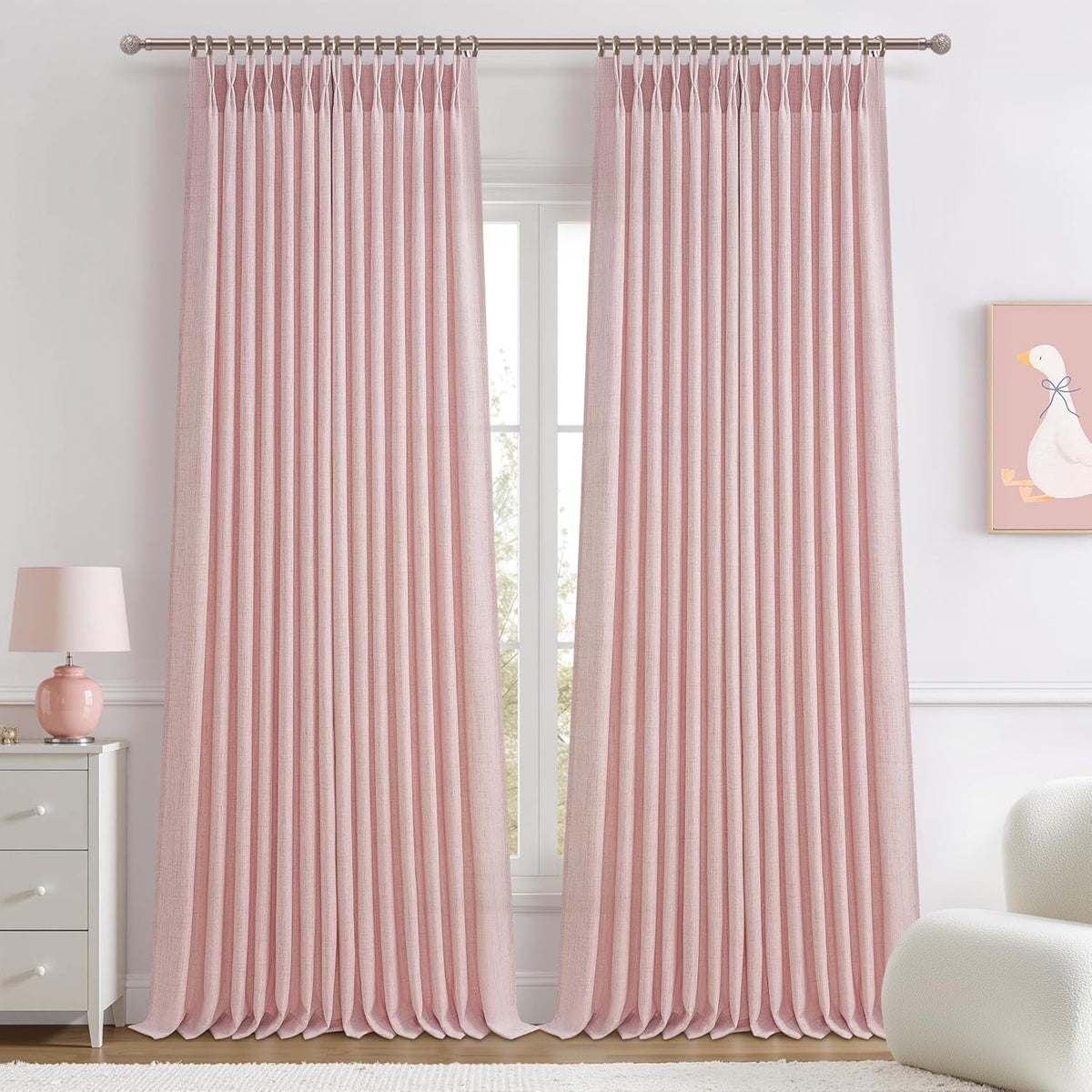 Pretty Light Pink Semi Sheer Curtains 96 Inches Long for Living Room 2 Panels Set, Memory Shaped Pinch Pleated 8 FT Faux Linen Light-Filtering Nursery Curtain Back Tab Elegent Window Drapes W40 x L96