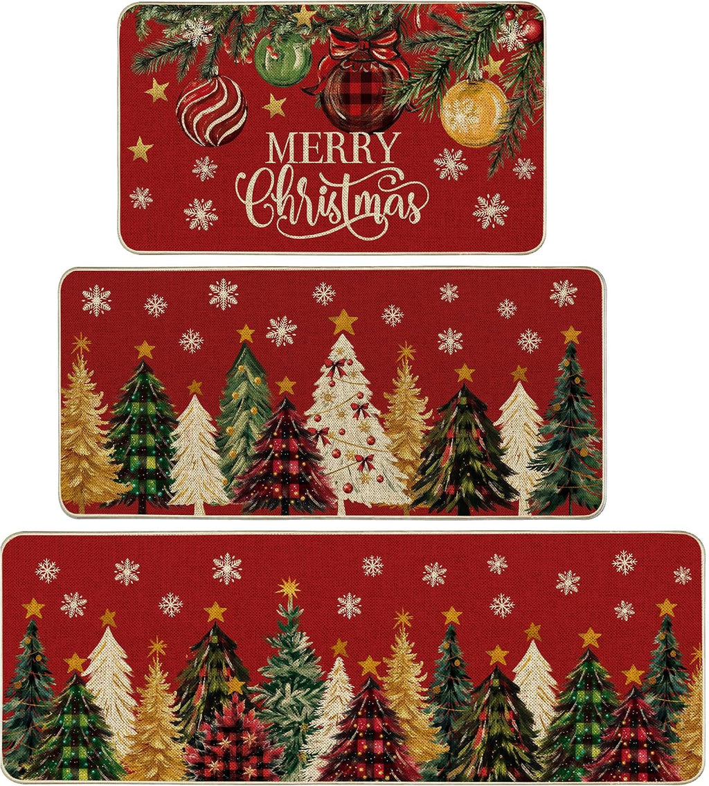 Red Christmas Tree Kitchen Rugs Set of 3, Non Slip Rubber Backing