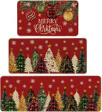 Red Christmas Tree Kitchen Rugs Set of 3, Non Slip Rubber Backing