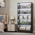 CODACE Tall Wooden 5-Tier Black Bookshelf - Display Cabinet with LED Lights