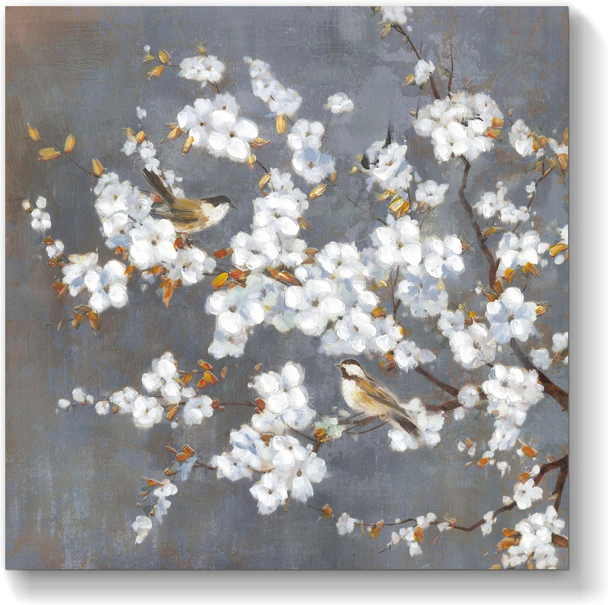 TAR TAR STUDIO White Flowers & Birds Canvas Wall Art - Unframed Nature Decor for Bedroom, Living Room, Office - 12"x12"
