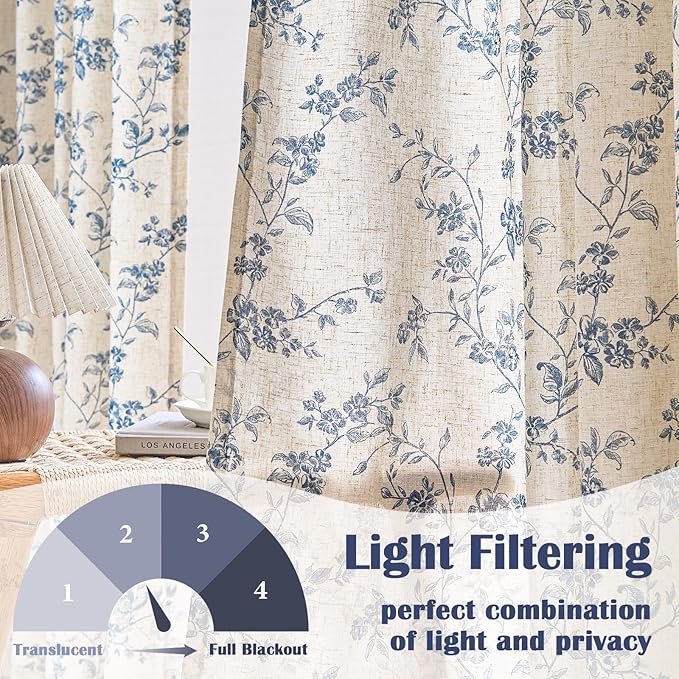 Lazzzy 90 Inch Length Curtain for Living Room Bedroom Blue Floral Drapes Linen - Image 3