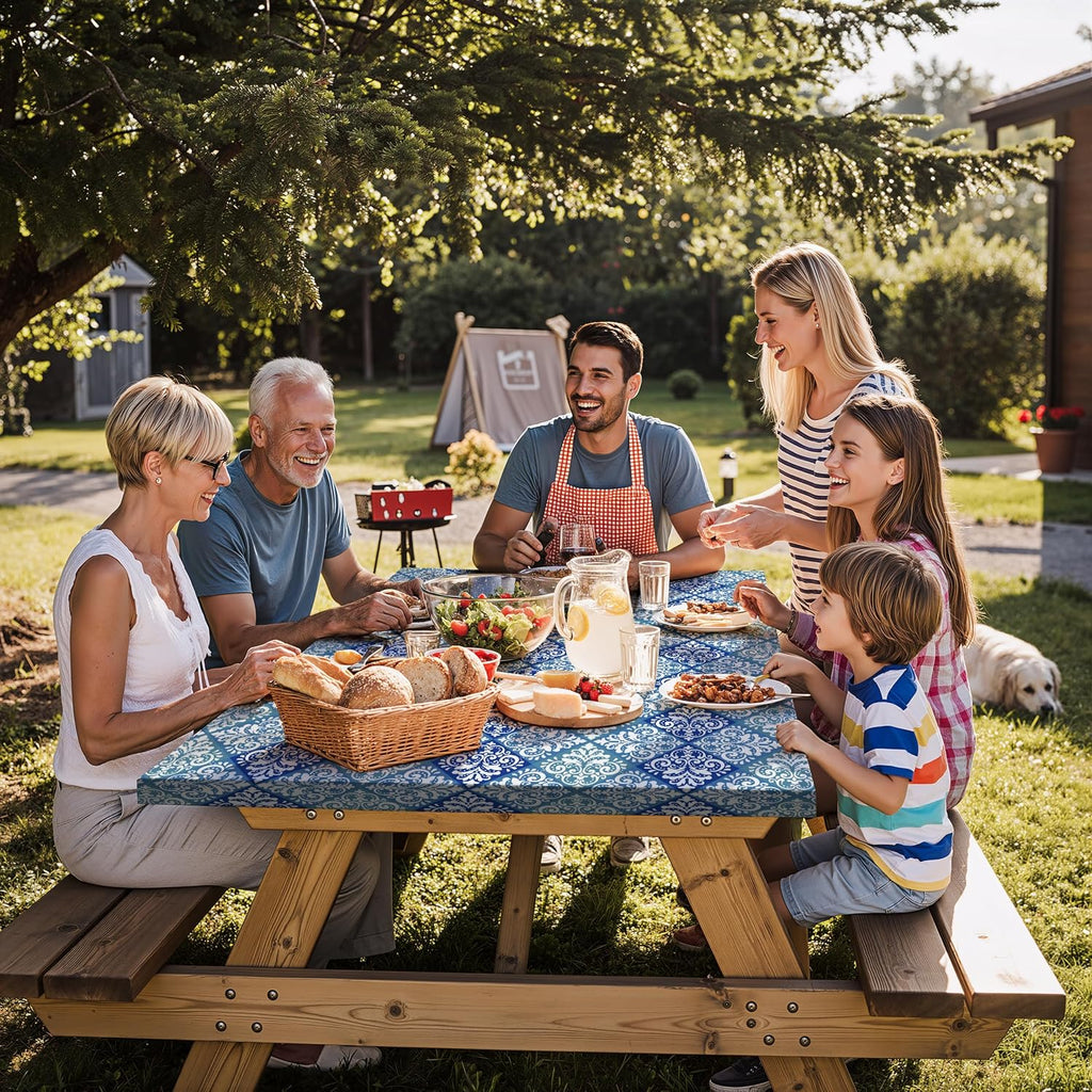 Fitted Waterproof Picnic Table Cover with Bench Covers Elastic Reusable Camping Table Cloths for 6Ft Rectangle Tables Summer Camp Motorhome Party Gear Outdoors Car Travel Trailer Gadgets Gift