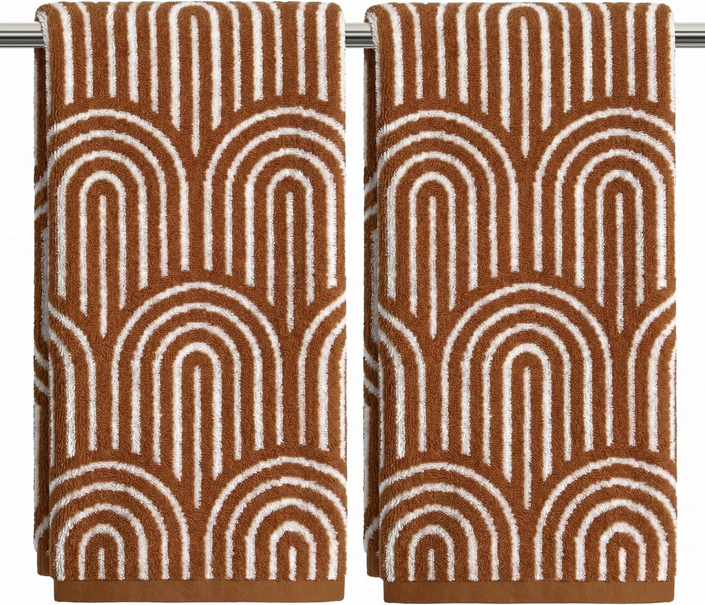 Artoid Mode 2 Pcs Beige Green Arched Stripes Jacquard Hand Towels for Bathroom, 100% Cotton Soft Absorbent Bathroom Decor Towels, 13.7 x 29.5 Inch