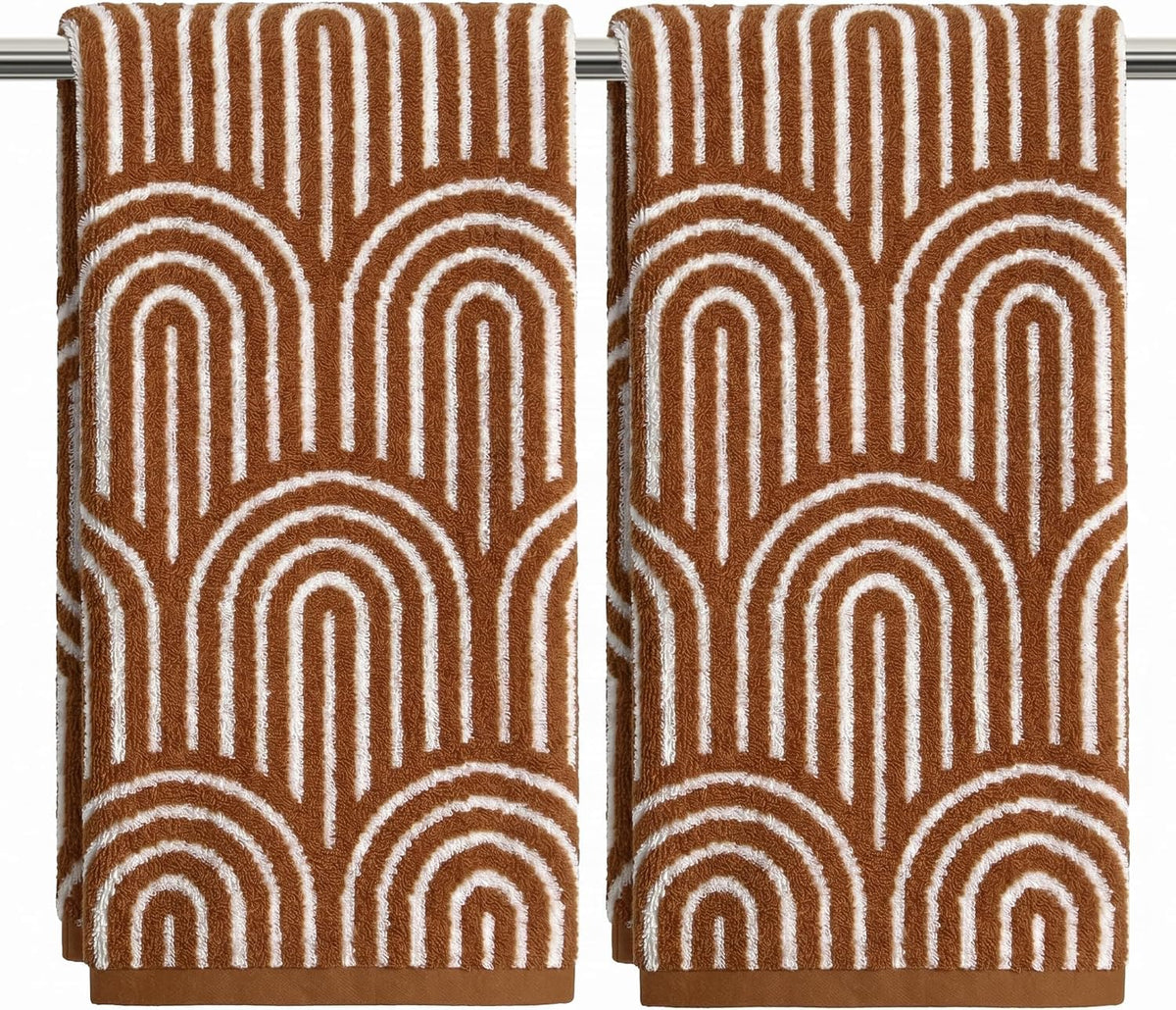Artoid Mode 2 Pcs Beige Green Arched Stripes Jacquard Hand Towels for Bathroom, 100% Cotton Soft Absorbent Bathroom Decor Towels, 13.7 x 29.5 Inch