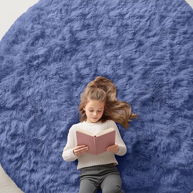 OLANLY Denim Blue Round Rugs for Bedroom by OLANLY