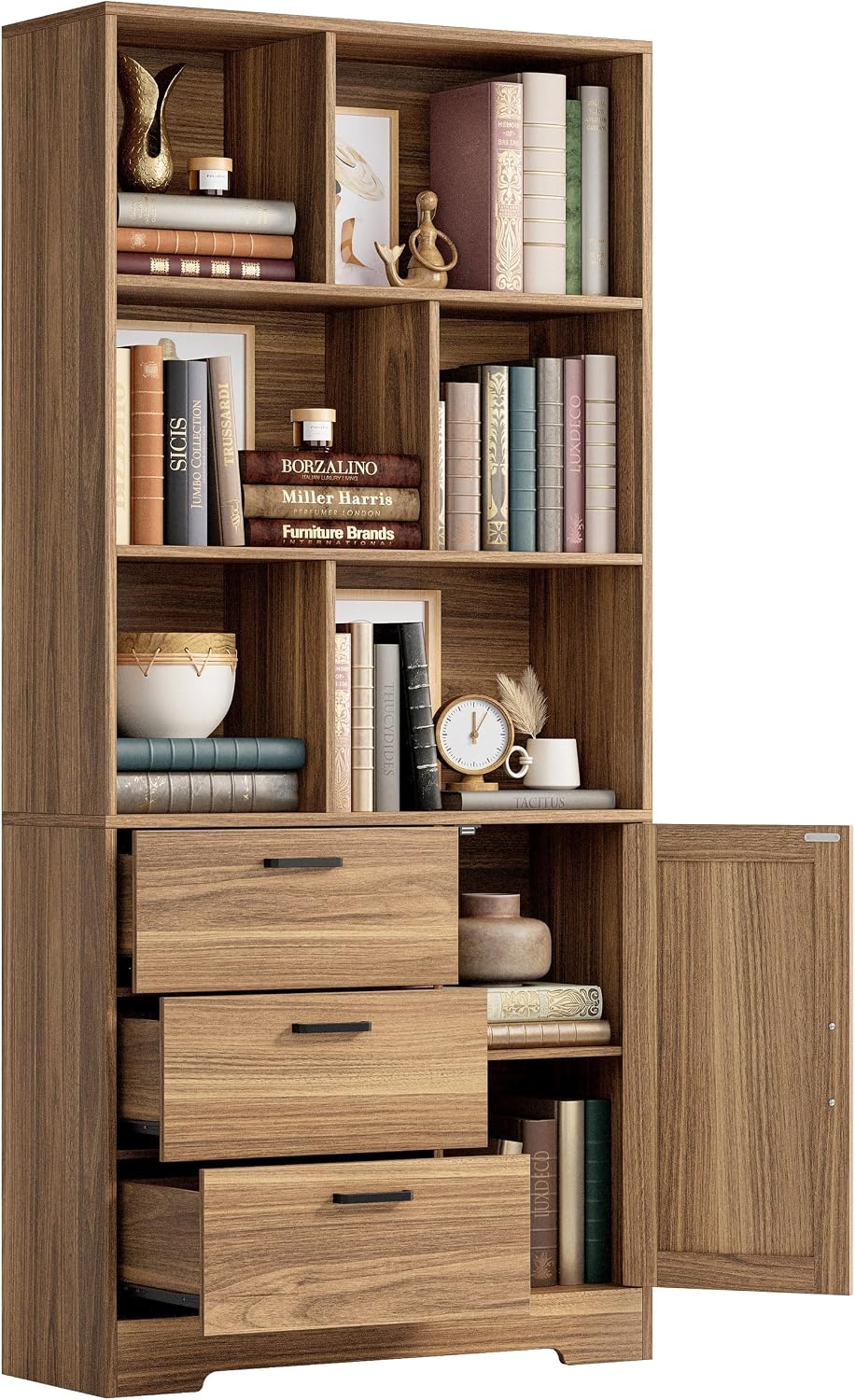 IRONCK 70.9-Inch Bookcase with Doors and 3 Drawers, Black