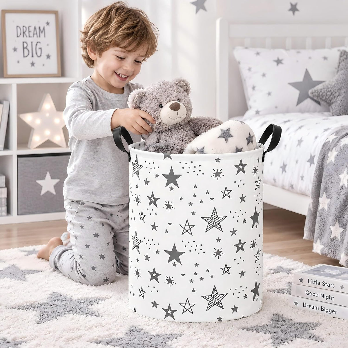 Collapsible Kids Laundry Basket Clothes Hamper, Foldable Storage Organizer Bin, Toy Clothes Storage with Handles for Boys Girls Bedroom, Room Decor Grey Star