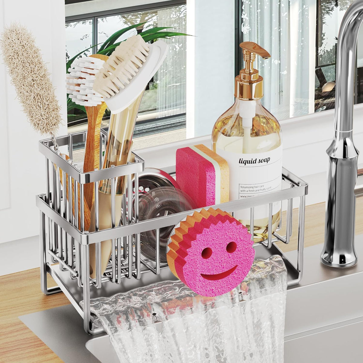 Sponge Holder for Kitchen Sink,Sink Caddy with Removable Dish Brush Holder,Self-Draining Kitchen Countertop Organizers and Storage Essentials,Soap Dispenser Organize and Home Decor-Silver