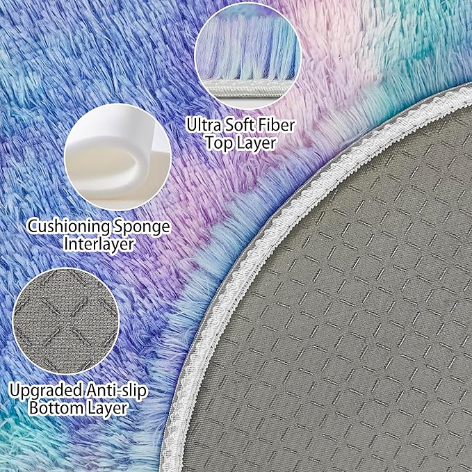 Tie Dye Rainbow Round Rugs Small 2x2 ft Fluffy Circle Rug Furry Carpet Shaggy - Image 4