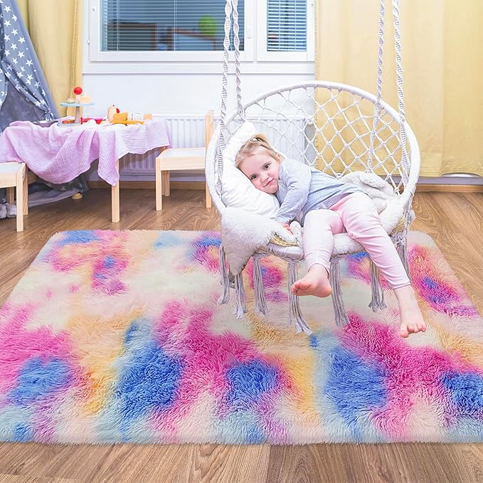 Small Fluffy Colorful Rug for Bedroom Girls 3x5 Kawaii Rainbow Tie Dye Area Rug - Image 5