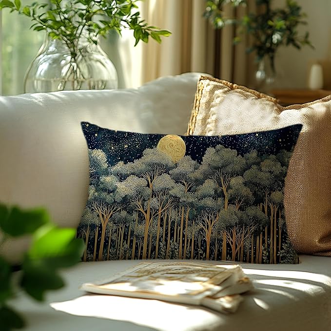 Rustic William Morris Night Forest Green Moon Decor Pillow Covers 12x20 - Image 3