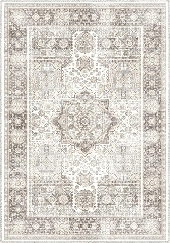 8x10 Rug - Cream & Grey Area Rug - Foldable Non Slip Vintage Rugs - Image 3
