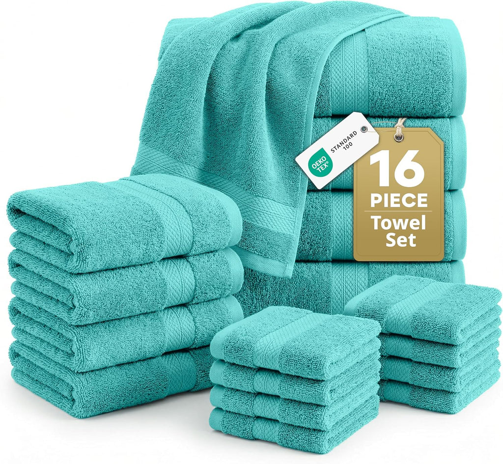 LANE LINEN Towel Set 16 Piece Soft Absorbent Quick Dry 100% Cotton - Teal