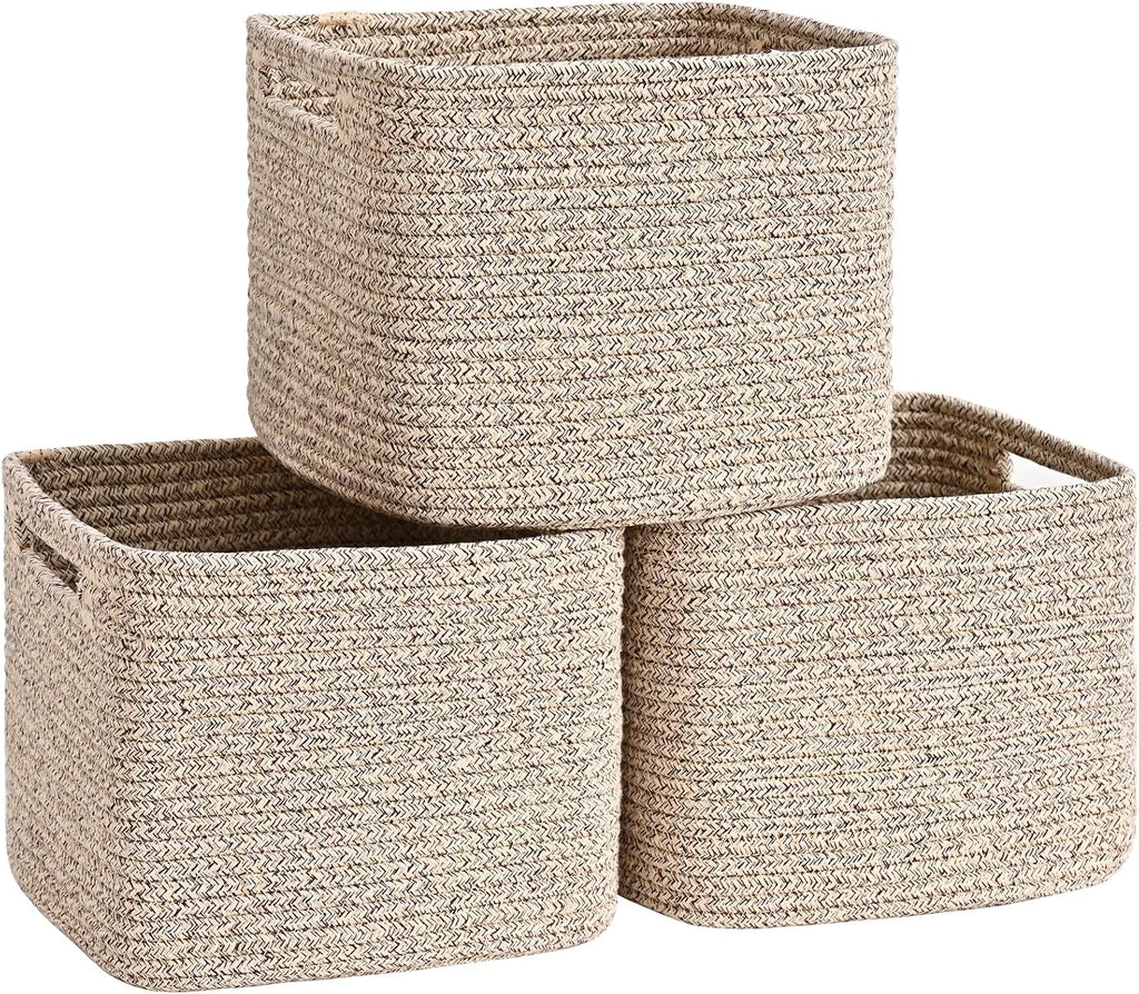 3 Pack Cube Storage Bin, 9”x9”x7” Cotton Rope Woven Baskets for Organizing Toys Clothes Towels, Square Gift Storage Baskets for Shelves, Nursery, Closet, Bathroom, Pantry (Jute)