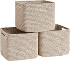3 Pack Cube Storage Bin, 9”x9”x7” Cotton Rope Woven Baskets for Organizing Toys Clothes Towels, Square Gift Storage Baskets for Shelves, Nursery, Closet, Bathroom, Pantry (Jute)