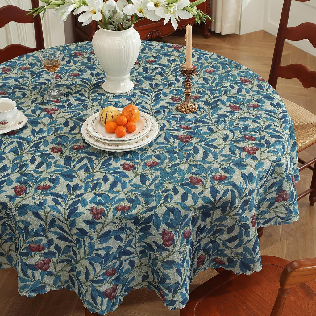 Round Waterproof Tablecloth Linen Textured Table Cloth,Stain and Wrinkle Resistant Washable Fabric Table Cover for Dining, Party, Camping and Outdoor,60Inch, Blue Leaves