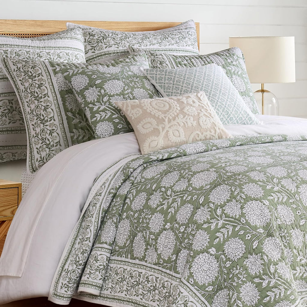 Levtex Home Adare Sage Reversible Full/Queen Quilt Set (88x92in) with 2 Pillow Shams (26x20in) - Floral Bedding - Sage White - Cotton Full/Queen Size Quilt Bedding Set - Lightweight, Soft, Pre-Washed